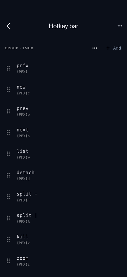 The hotkey bar editor, listing the tmux group's keys with their payloads.