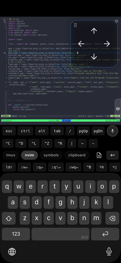 Swipe Shell running nvim over SSH, with the cursor pad floating over the terminal and the shortcut bar above the keyboard.