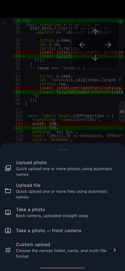 The upload sheet open over a terminal, offering photo, file and camera sources.